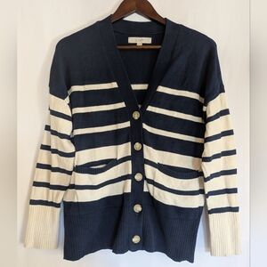LOFT Women's Medium Navy Cream Striped Cardigan Sweater